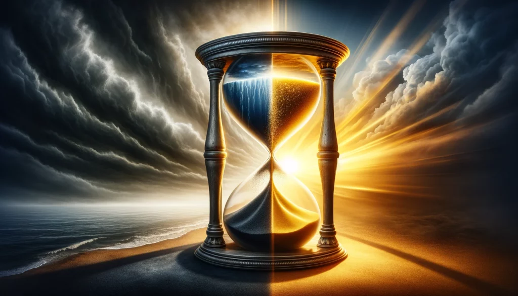 A horizontal, inspiring image featuring a traditional hourglass centered between a dark, stormy scene on the left and a bright, sunny landscape on the right. The left side of the hourglass contains dark, murky sand symbolizing past struggles and challenges, which transforms into golden, sparkling sand as it passes through the center, representing positive change, growth, and a brighter future. This transition mirrors the shift in the background from stormy to sunny, highlighting the theme of overcoming adversity through change. The image is designed to inspire hope and motivate viewers to embrace change and the potential for renewal, emphasizing progress and forward movement.