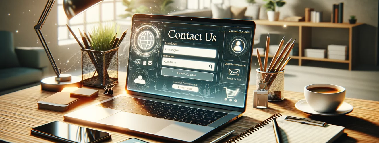 A professional and welcoming horizontal image designed for a 'Contact Us' page, featuring a modern desk setup that symbolizes open communication and support. The scene includes a laptop displaying a contact form, a smartphone, a notepad with a pen, and a cozy cup of coffee, all situated in a well-lit office space that suggests productivity and an inviting atmosphere. Subtle details like a plant and a window in the background add warmth and life to the composition. The focus on communication tools conveys readiness and eagerness to connect with clients or users, fitting perfectly into the layout of a 'Contact Us' page and emphasizing the theme of approachability and trust.