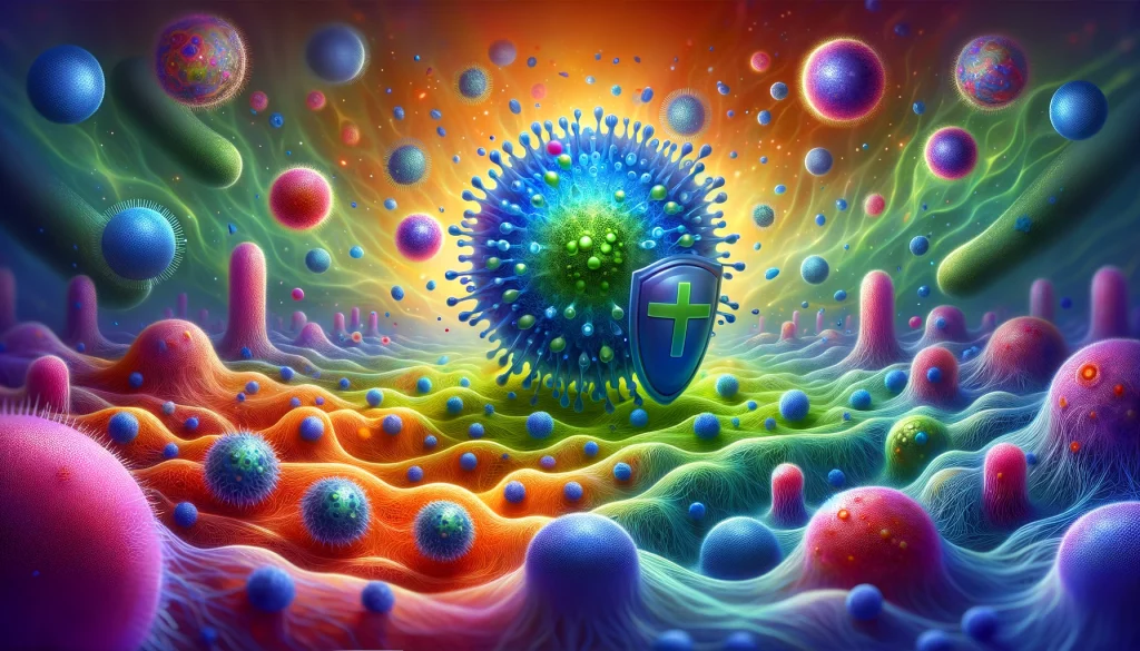 A horizontal, colorful, and creative image depicting a scene at the microscopic level, where a central cell, larger than the others and equipped with a shield, symbolizes protection against external threats. Surrounding cells, smaller and in various colors, represent a diverse cellular community. The background features an abstract representation of an organism's internal environment, with gradients and patterns suggesting a vibrant microscopic world. The image emphasizes the themes of protection, teamwork, and the complexity of cellular interactions, avoiding any human-like features for a stylized and imaginative depiction.
