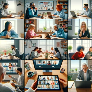 An image depicting a virtual Zoom meeting with split-screen views of diverse individuals participating from different locations, including a home office, a living room, a cafe, and a traditional office space. Participants are engaging in various ways: speaking, listening, and one presenting with digital slides. The foreground shows devices like a laptop, smartphone, and tablet, each displaying the meeting interface, highlighting digital connectivity and interaction among the participants in a bright and focused atmosphere