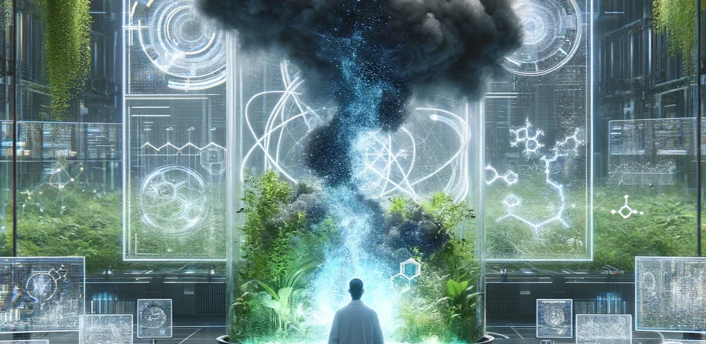 An image of a futuristic laboratory where a scientist in a lab coat stands before an advanced device, transforming a dark, smog-like substance into clean, sparkling energy. The lab is filled with greenery and equipped with transparent screens displaying complex formulas. The scene conveys optimism and the theme of scientific progress facilitating positive change.